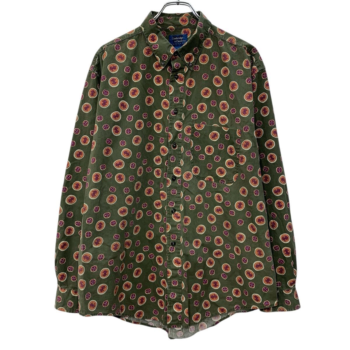 【中古】【古着】 Cambridge Classics 長袖 総柄シャツ L カーキ マルチカラー ボ...