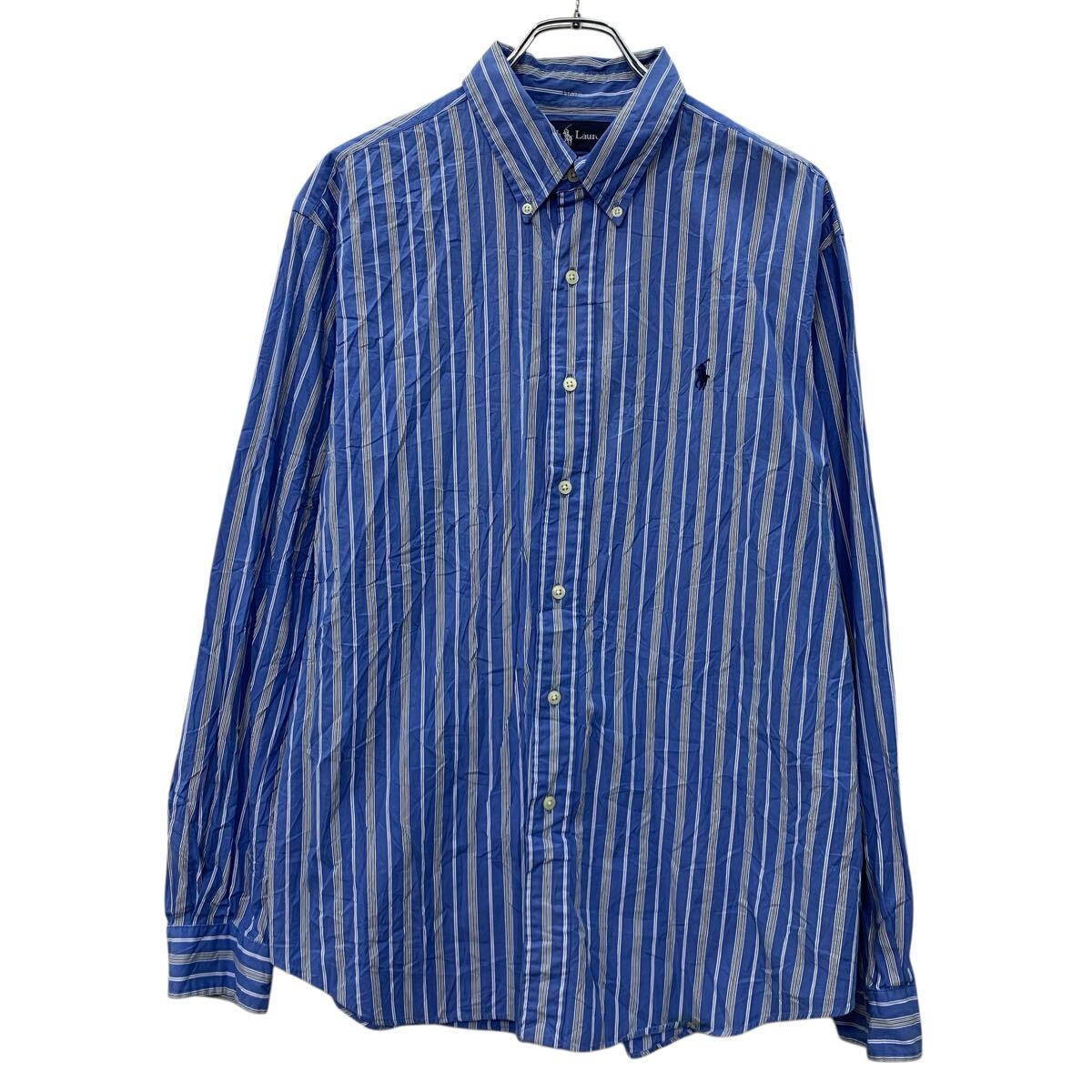 中古 古着 90s Ralph Lauren 長袖 ストライプシャツ XL ブルー ラルフローレン ボタンダウン ボタン…