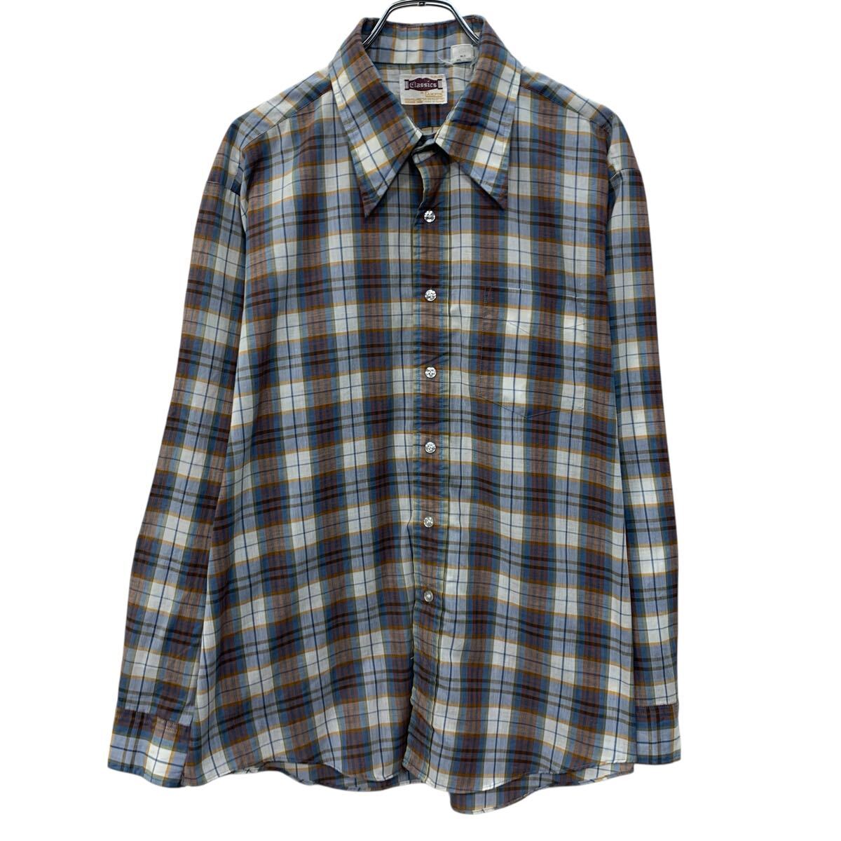  70s Classies by campus 長袖 チェックシャツ XL ブルー マルチカラー キャンパス ボタン 70年代 胸ポケット チェック柄 春物 a804-6230