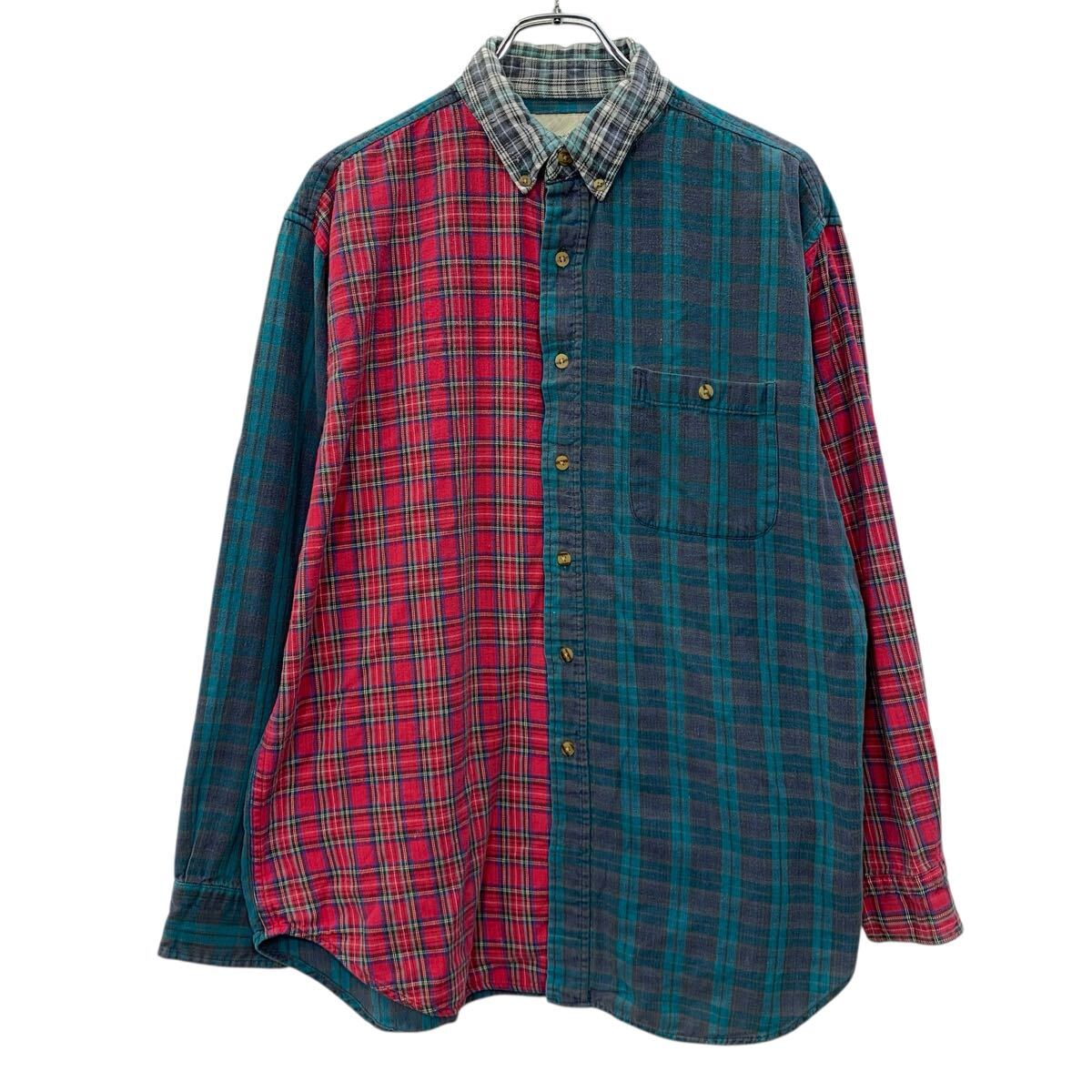  GreatLand 長袖 チェックシャツ LARGE グリーン レッド クレイジーパターン 切替 ボタンダウン カジュアル チェック柄 春秋物 a804-6233