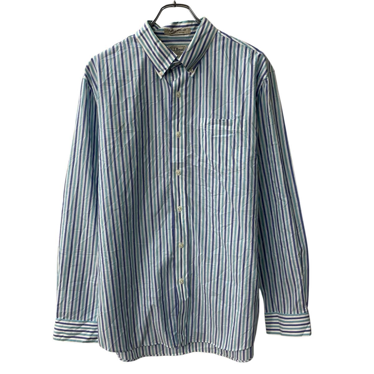 【中古】【古着】 L.L.Bean 長袖 ストライプシャツ L ブルー系 マルチカラー エルエルビーン ボタンダウン ストライプ柄 胸ポケット 春物 a804-6251