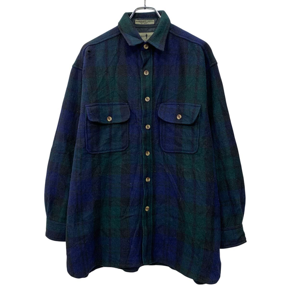乐天商城 - 【中古】【古着】 ROBERT STOCK 長袖 フランネルシャツ M グリーン ネイビー ボタン 胸ポケット チェック柄 フランネル ネルシャツ 秋物 a804-6273