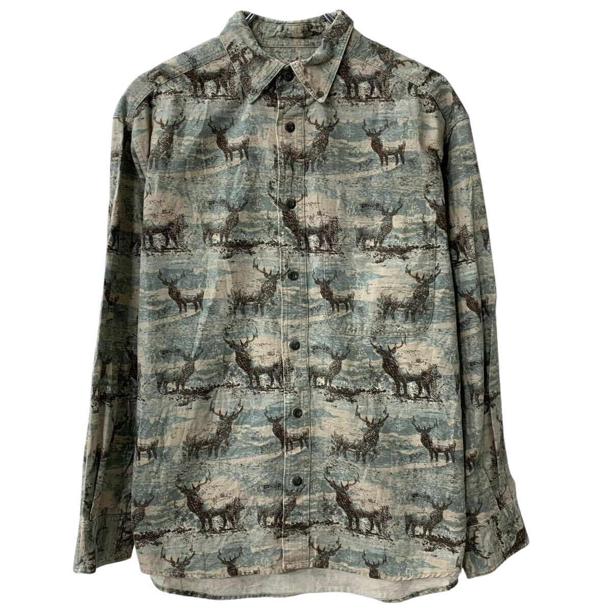【中古】【古着】 Cabelas 長袖 総柄シャツ M グリーン マルチカラー カベラス ボタンダウン 総柄 アニマル 胸ポケット 柄シャツ 春物 a804-6482