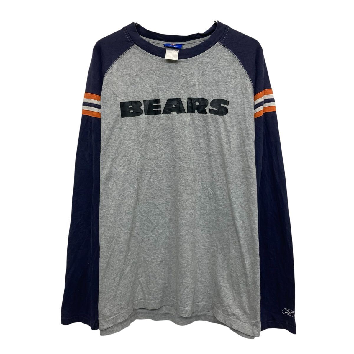【中古】【古着】 Reebok 長袖 プリントTシャツ XL グレー ネイビー リーボック プルオーバー ラグラン NFL BEARS ロンT ロングT 春物 a804-6636