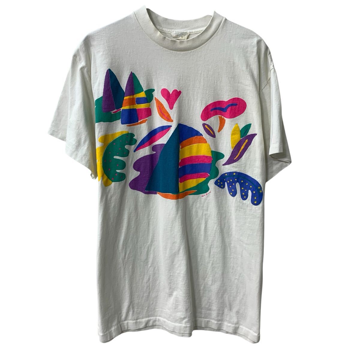 【中古】【古着】 90s USA製 Ken Done 半袖 プリントTシャツ L〜 ホワイト マルチカラー プルオーバー 90年代 ビックプリント カットソー 夏物 a805-5123