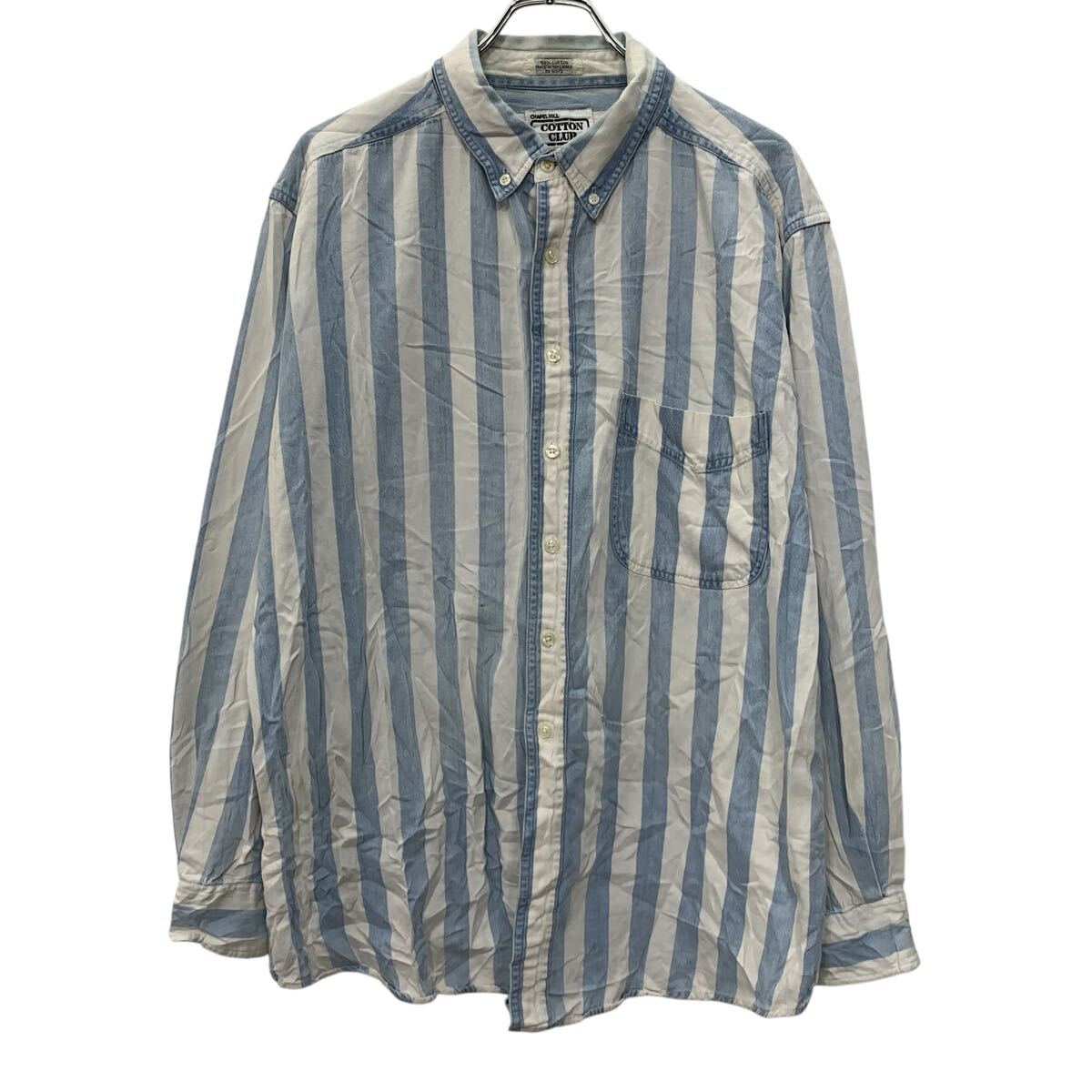 Casual Shirts - 【中古】【古着】 COTTON CLUB 長袖 ストライプシャツ XL ホワイト ブルー コットンクラブ ボタンダウン 胸ポケット ストライプ柄 春物 a805-5170