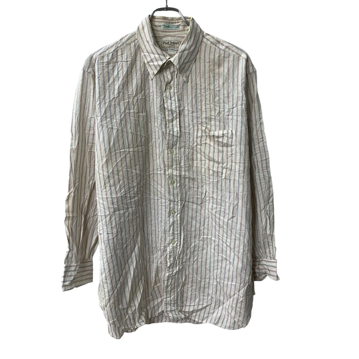 【中古】【古着】 USA製 Paul Stuart 長袖 ストライプシャツ XL ホワイト マルチカラー ボタンダウン ストライプ柄 胸ポケット 長袖シャツ 春物 a805-5254