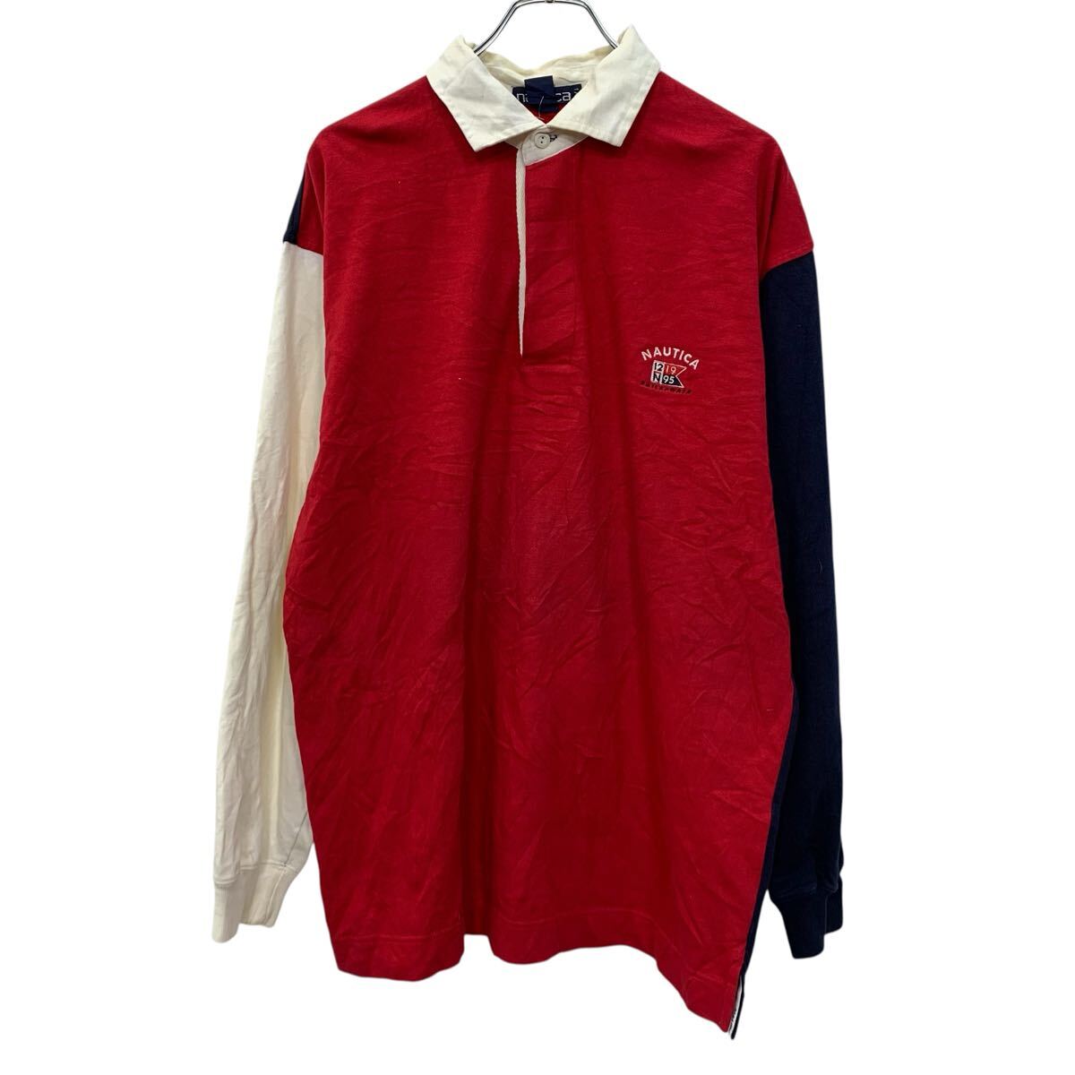 Rakuten - 【中古】【古着】 香港製 nautica 長袖 ラガーシャツ L ホワイト マルチカラー ノーティカ ハーフボタン ワンポイント刺繍 バックデザイン 春秋物 a805-5348