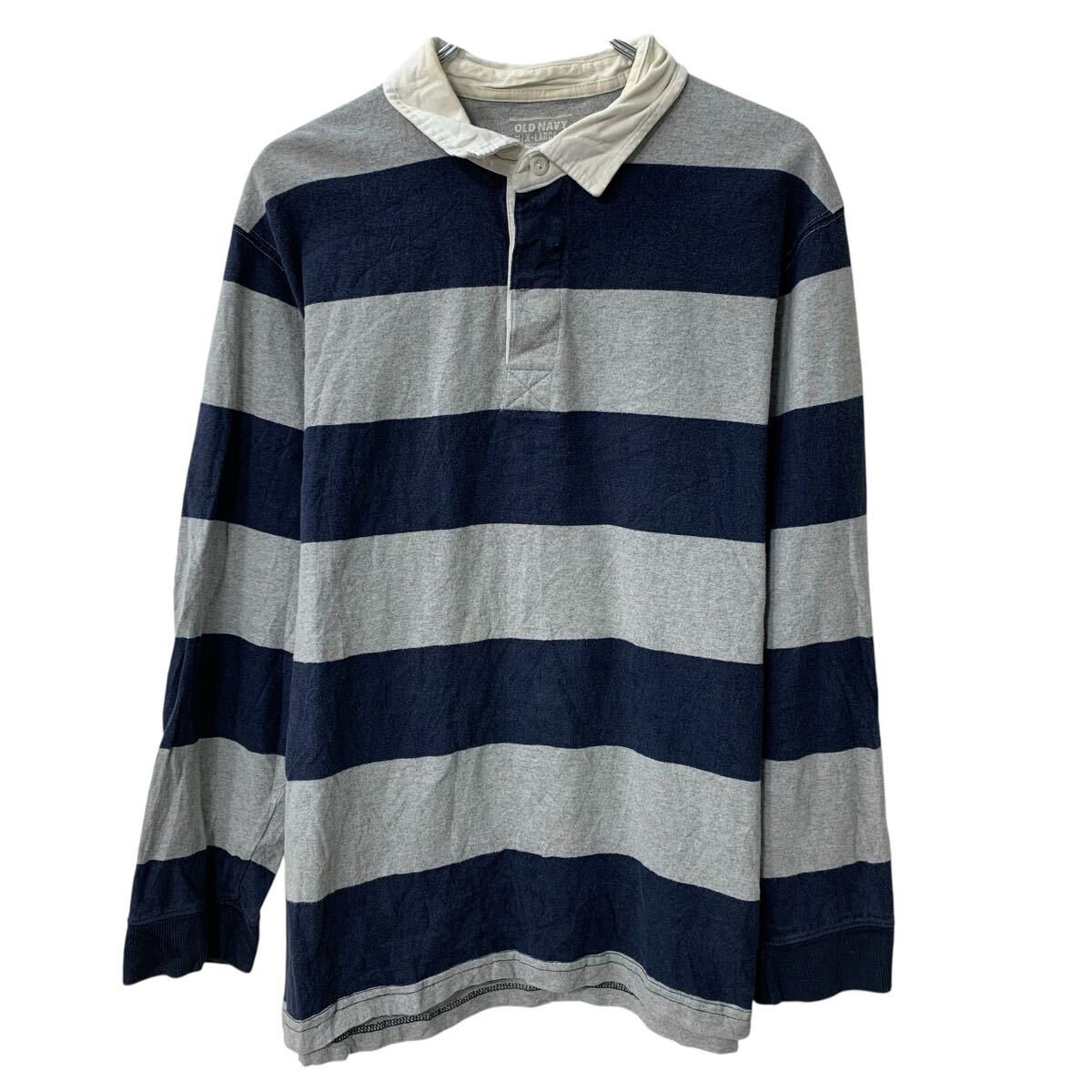 Rakuten - 【中古】【古着】 OLD NAVY 長袖 ラガーシャツ XL ネイビー グレー オールドネイビー ハーフボタン ボーダー ラガー ラグビー スポーティー 秋物 a805-5376