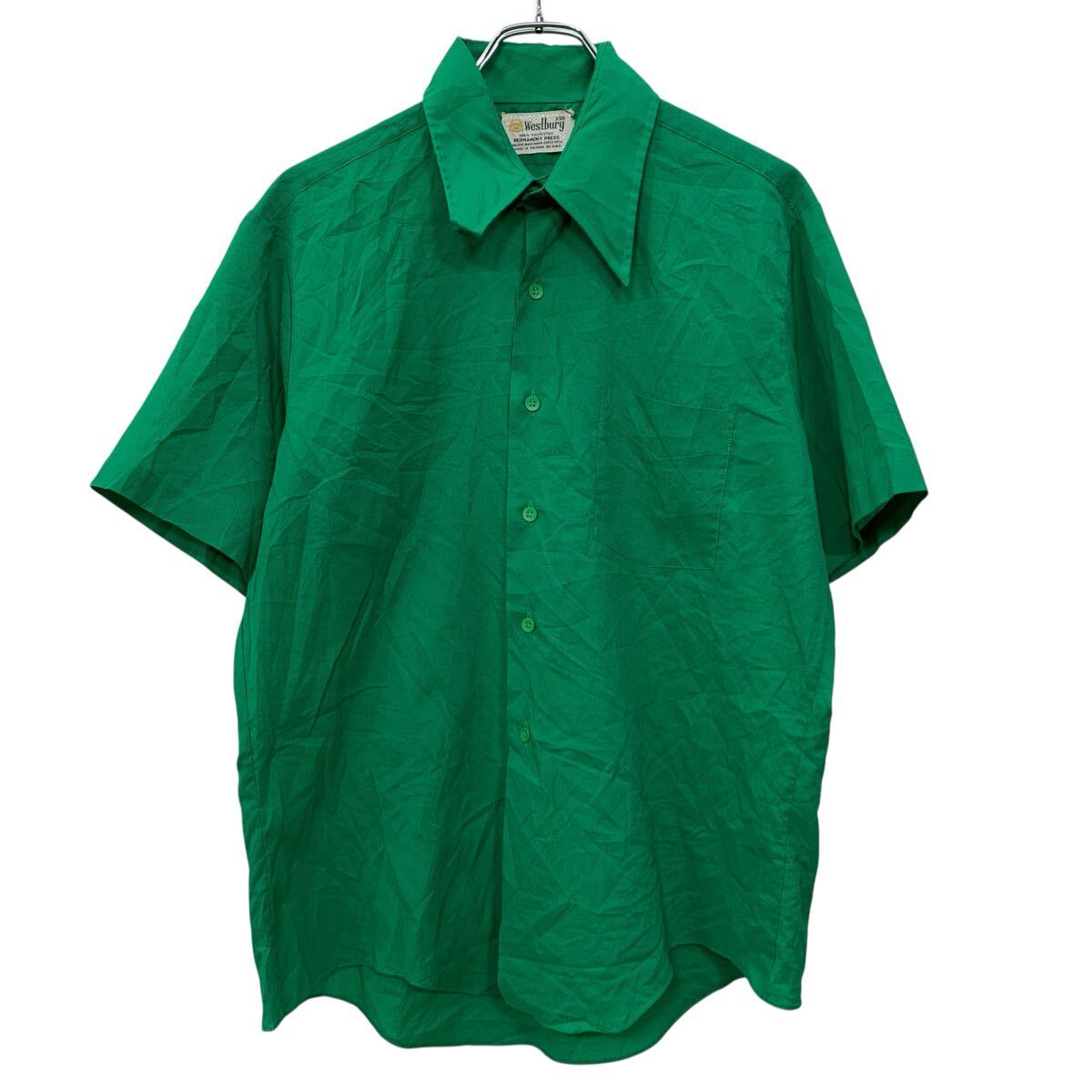  台湾製 〜70s Vintage Westbury 半袖 無地シャツ L グリーン ウエストバリー ボタン 〜70年代 胸ポケット シンプル 夏物 a805-5499