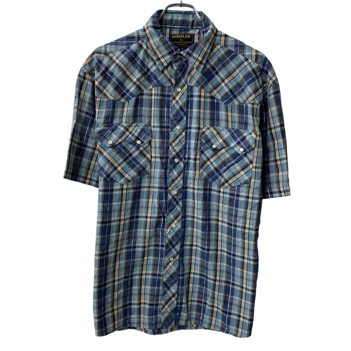  RUSTLER by Wrangler 半袖 ウエスタンシャツ L ブルー マルチカラー ラスラー ラングラー チェック柄 半シャツ 夏物 a805-5570