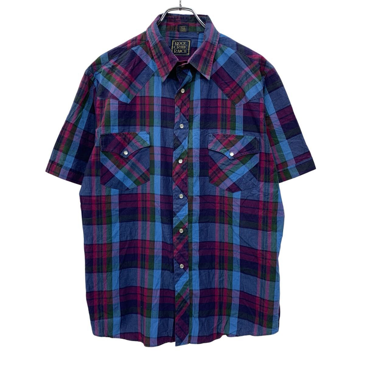 【中古】【古着】 ROCK CREEK RANCH 半袖 チェックシャツ LARGE パープル マルチカラー スナップボタン 胸ポケット チェック柄 夏物 a805-5658