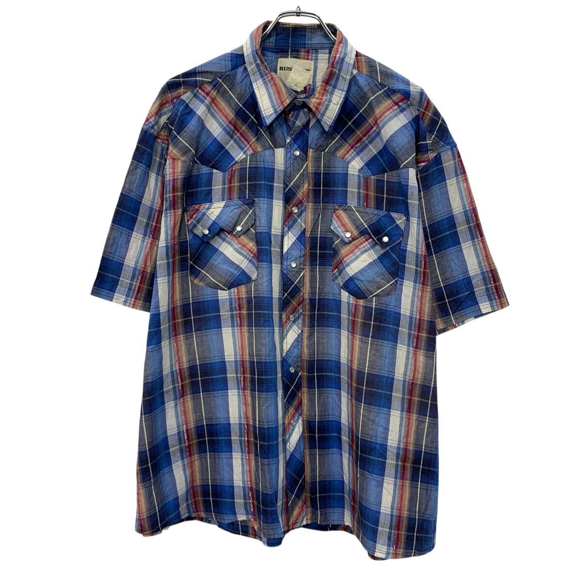  RUSTLER by Wrangler 半袖 チェックシャツ 2XL ブルー マルチカラー ラングラー スナップボタン 胸ポケット チェック柄 夏物 a805-5660