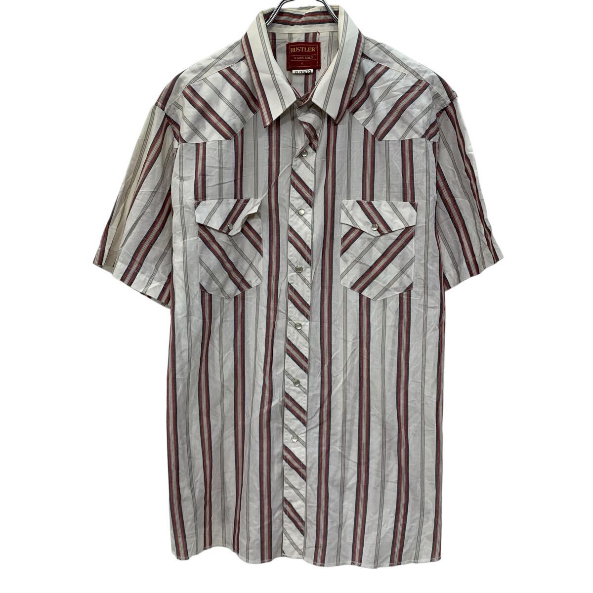  RUSTLER 半袖 ストライプシャツ XL ホワイト マルチカラー スナップボタン 胸ポケット ストライプ柄 ウエスタンシャツ 夏物 a805-5734