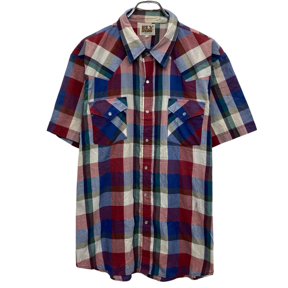 Rakuten - 【中古】【古着】 ELY CATTLEMAN 半袖 ウエスタンシャツ XL ブルー マルチカラー エリー・キャトルマン スナップボタン チェック 胸ポケット 夏物 a805-5821