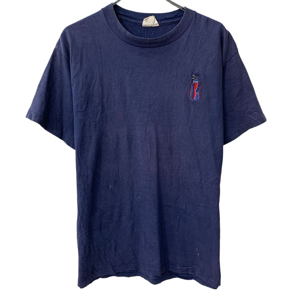  90s USA製 F.L. Davis Desings 半袖 プリントTシャツ L ネイビー 90年代 刺繍 プリント コットンポリ カットソー 夏物 a805-5856
