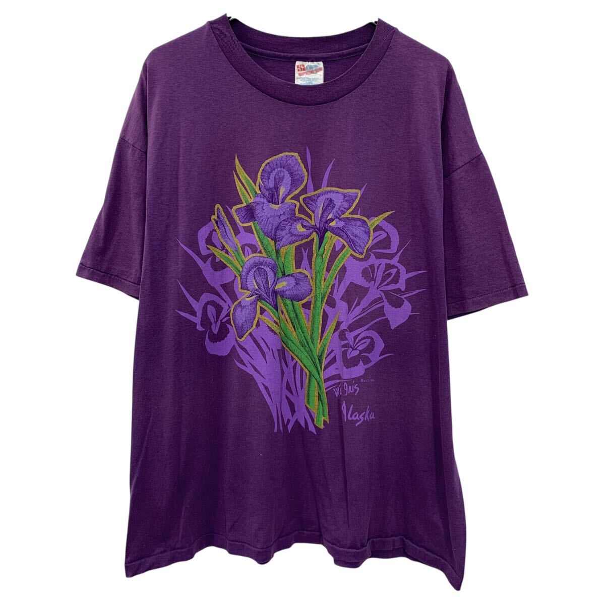 乐天商城 - 【中古】【古着】 90s Hanes 半袖 プリントTシャツ XLARGE パープル ヘインズ プルオーバー ビッグプリント 90年代 花 アイリス 夏物 a805-5943