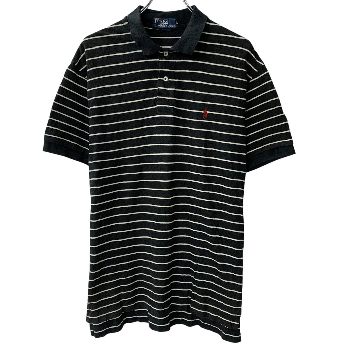 【中古】【古着】 90s Polo by Ralph Lauren 半袖 ポロシャツ L ブラック ポロラルフローレン ハーフボタン 90年代 ボーダー ポニー刺..