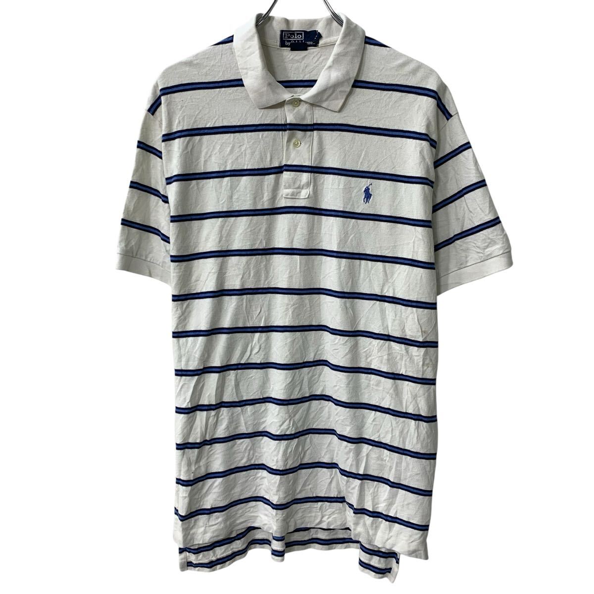 【中古】【古着】 90s Polo by Ralph Lauren 半袖 ポロシャツ L ホワイト ポロラルフローレン ハーフボタン 90年代 ボーダー ポニー刺繍 夏物 a805-6137