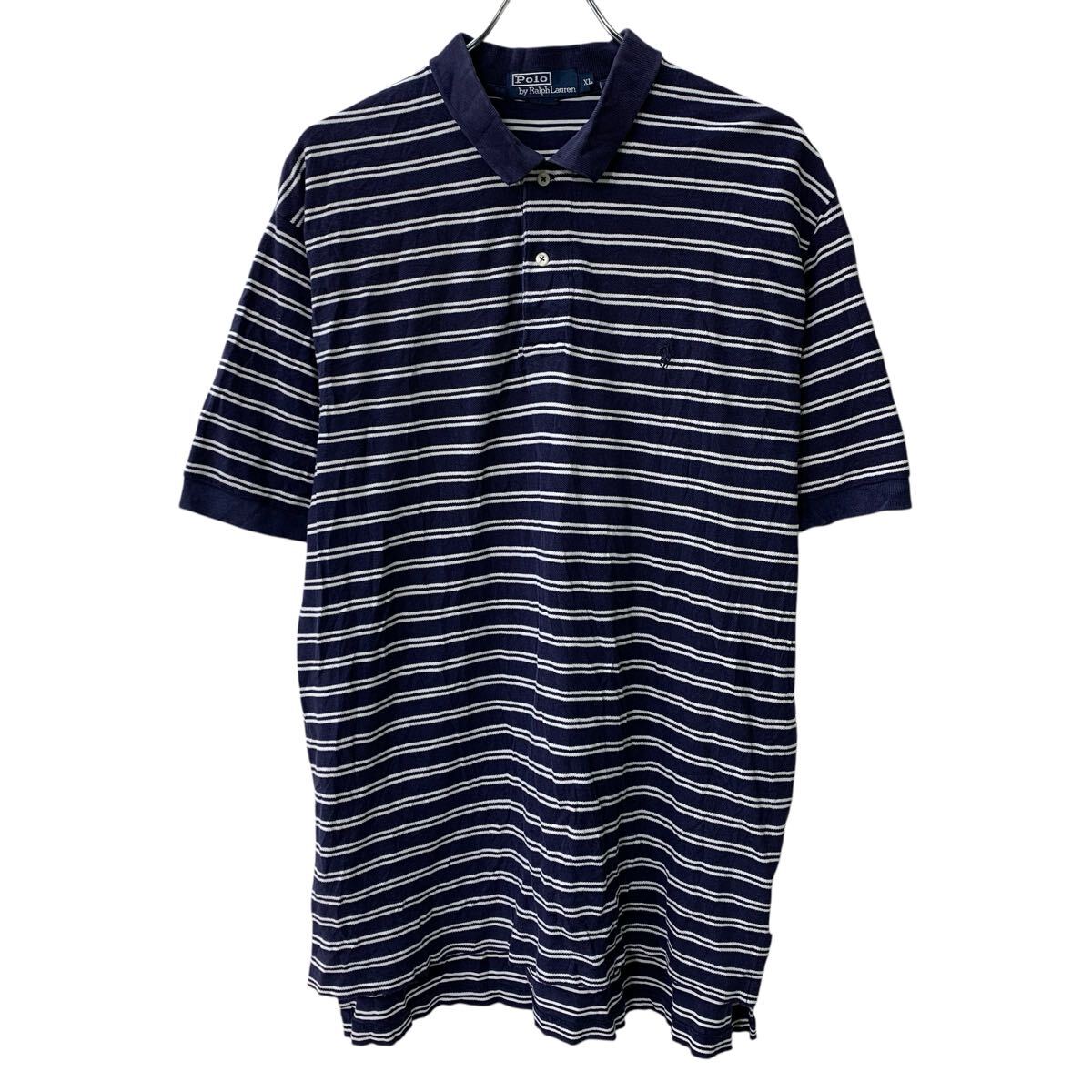 Rakuten - 【中古】【古着】 90s Polo by Ralph Lauren 半袖 ポロシャツ XL ネイビー ポロラルフローレン ハーフボタン 90年代 ボーダー ポニー刺繍 夏物 a805-6140