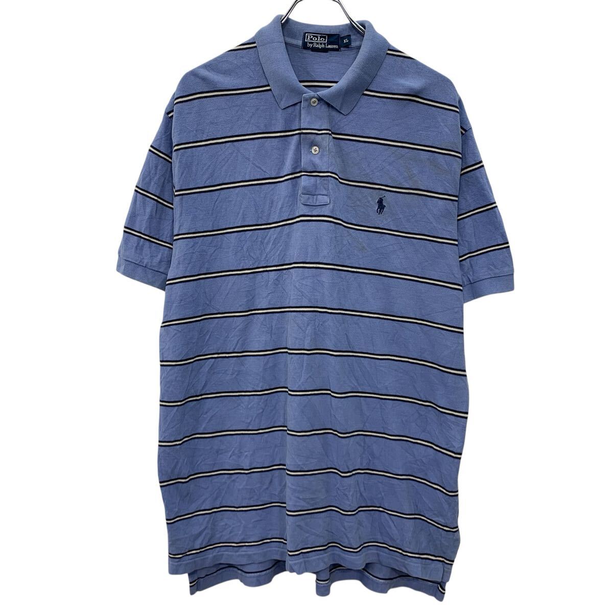  90s POLO by RALPH LAUREN 半袖 ポロシャツ XL ブルー ポロバイラルフローレン ハーフボタン 90年代 ポニー刺繍 夏物 a805-6352