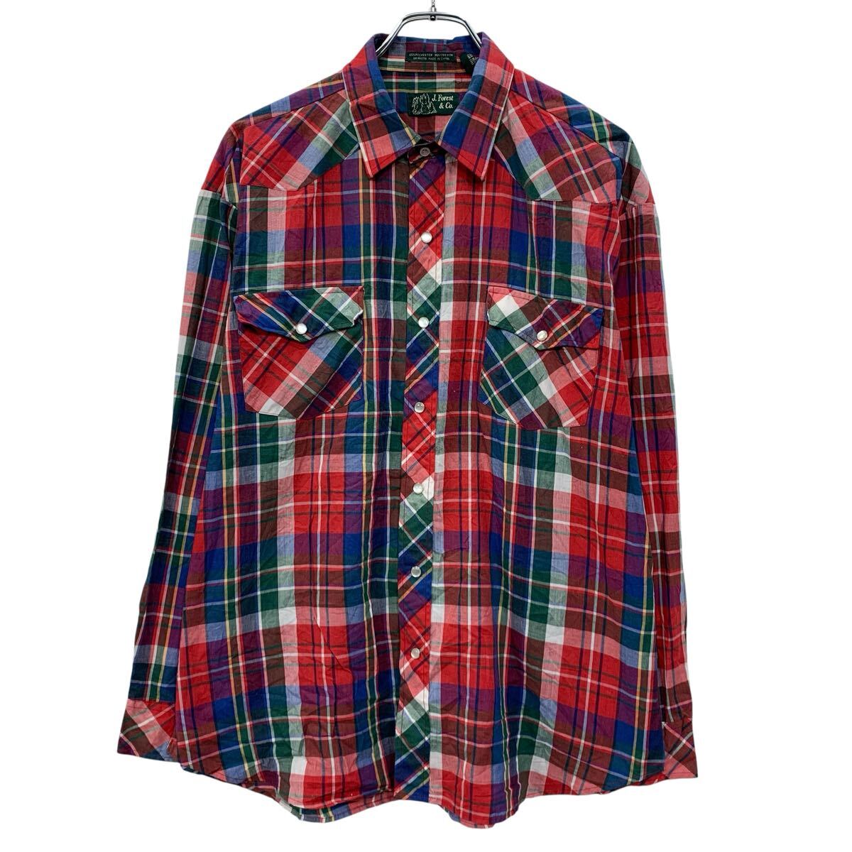 【中古】【古着】 J.Forest&Co. 長袖 チェックシャツ L レッド マルチカラー 胸ポケット スナップボタン チェック柄 カジュアル 襟芯 ..