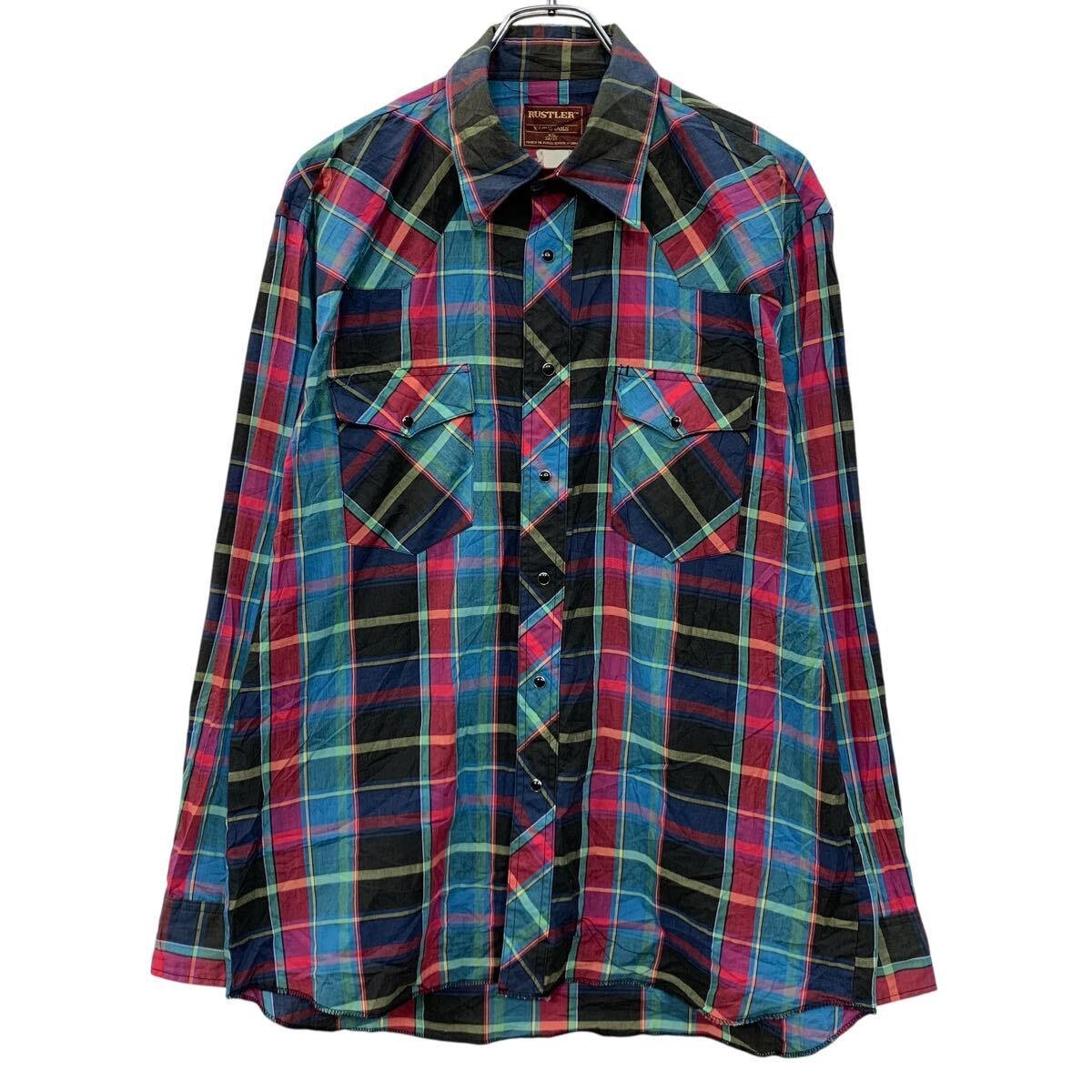  RUSTLER 長袖 チェックシャツ XL ブルー マルチカラー スナップボタン 胸ポケット チェック柄 ウエスタンシャツ 春物 a805-6398