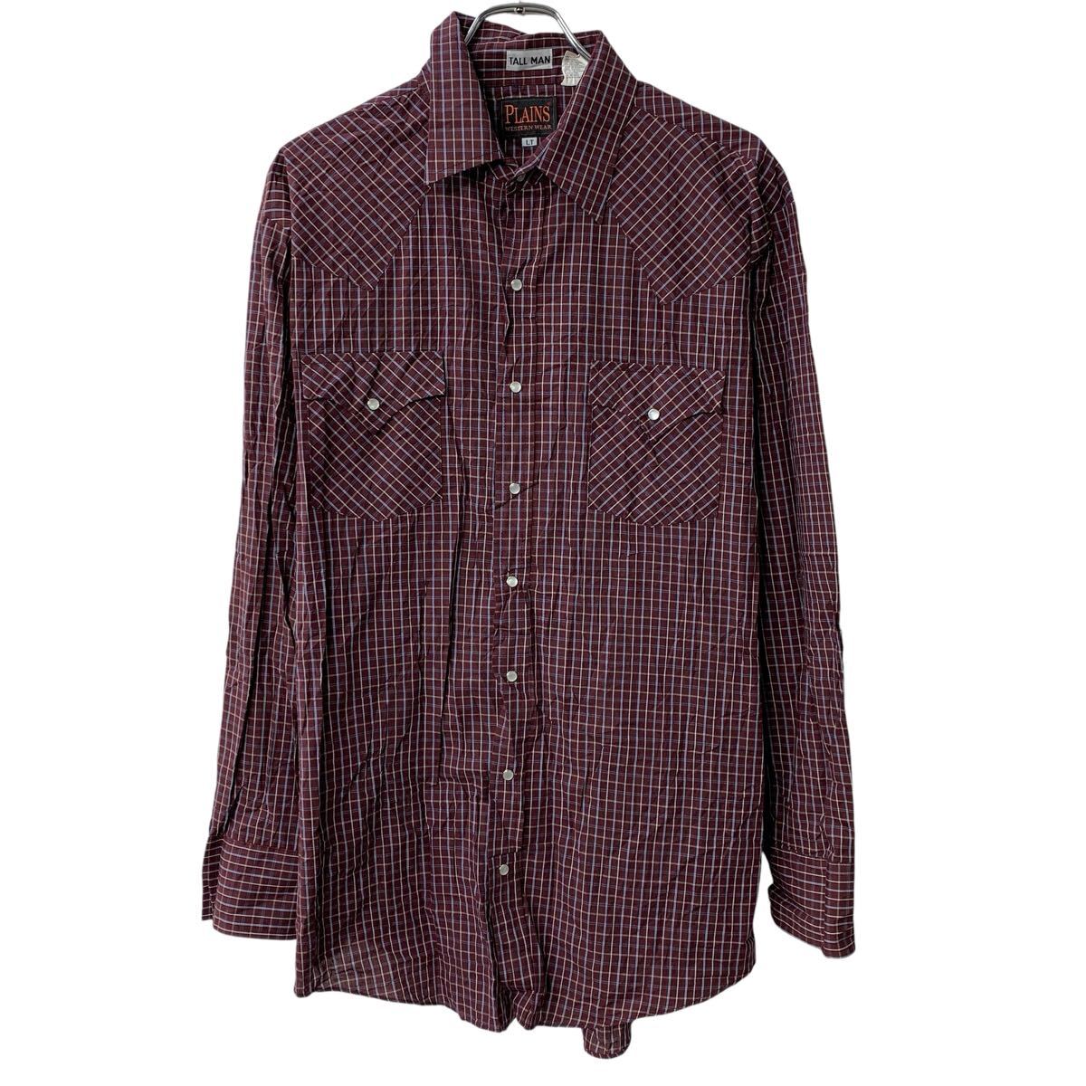  PLAINS 長袖 ウエスタンシャツ L ワインレッド スナップボタン チェック柄 襟芯 胸ポケット チェックシャツ 春物 a805-6423