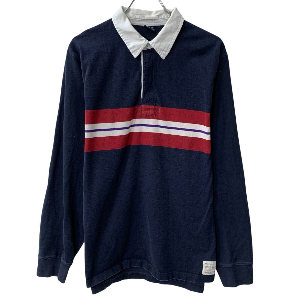 【中古】【古着】 NAUTICA 長袖 ラガーシャツ ユース XL ダークネイビー ノーティカ ボーダー エルボーパッチ ラグビー スポーティー 秋物 a805-6659