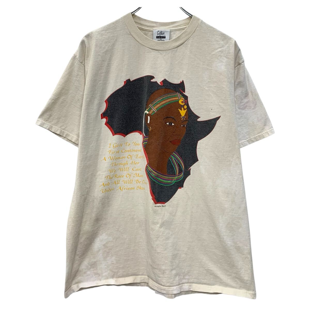  00s USA製 Gopher Sport 半袖 プリントTシャツ XL アイボリー プルオーバー 民族 ビッグプリント メッセージT 00年代 夏物 a805-6775