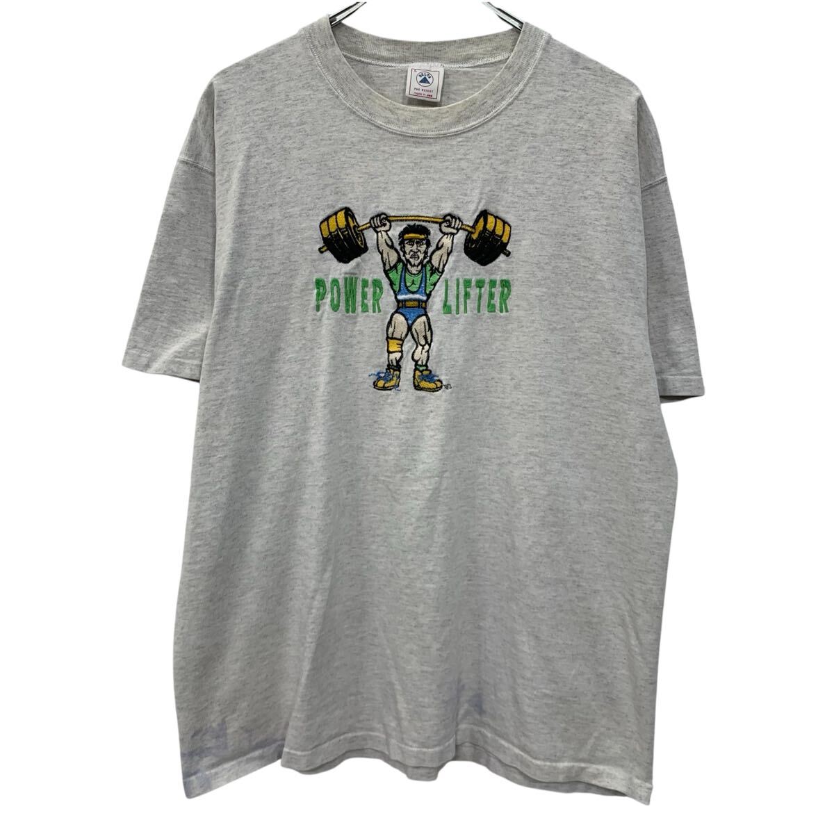  90s USA製 DELTA 半袖 プリントTシャツ L グレー デルタ プルオーバー 90年代 POWERLIFTER マッチョ 刺繍ロゴ 夏物 a805-6784