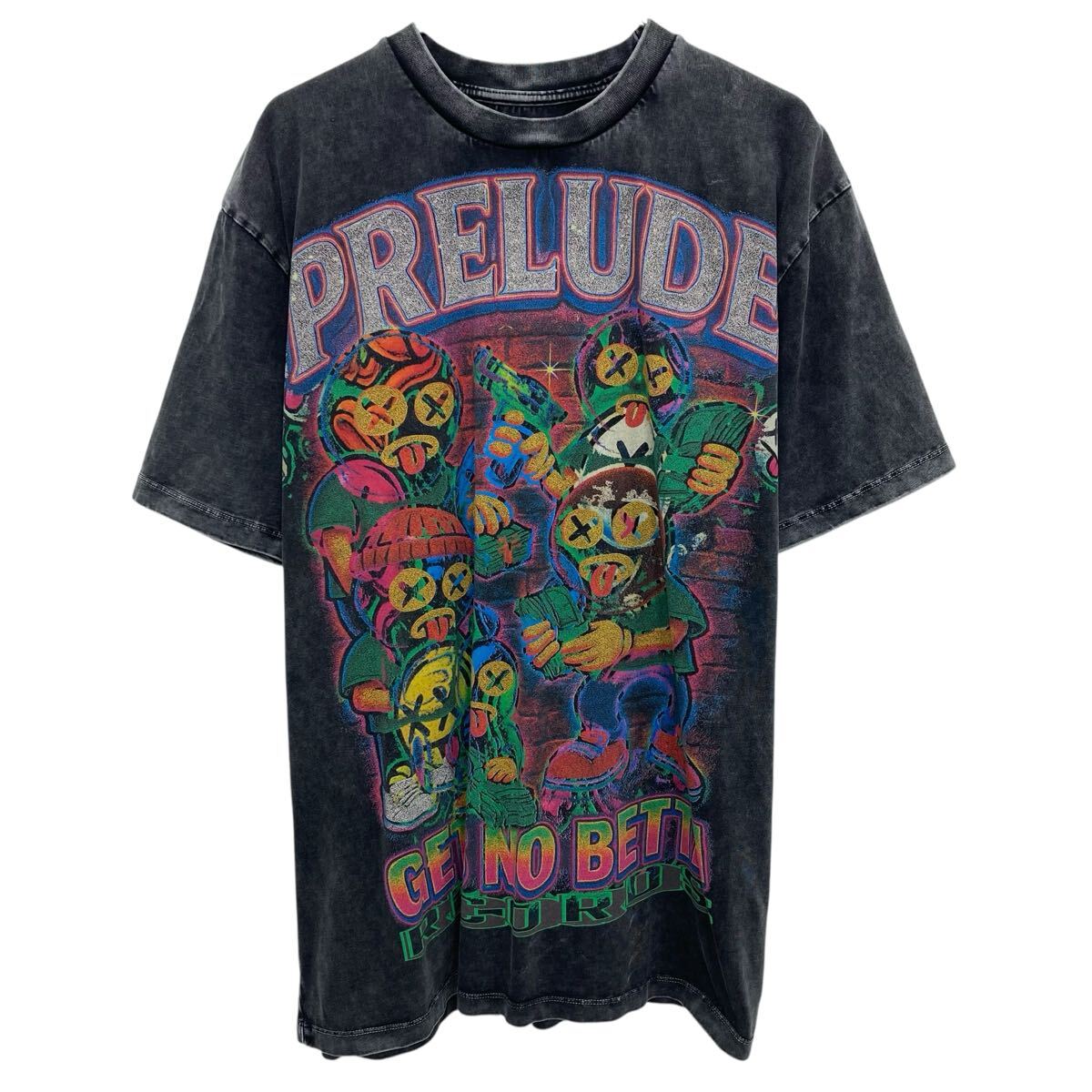  半袖 プリントTシャツ ブラック プルオーバー クルーネック ビックプリン Prelude Records ウォッシュ加工 カットソー 夏物 a806-5346