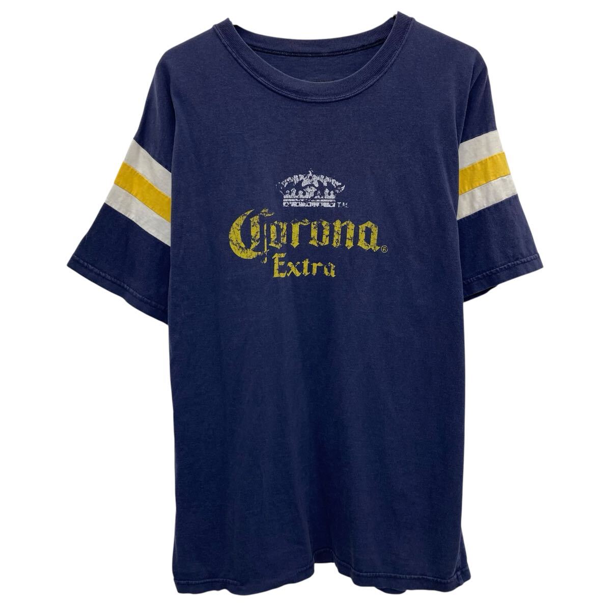 Rakuten - 【中古】【古着】 Calhoun 半袖 プリントTシャツ ネイビー カルホーン プルオーバー 両面プリント Corona Extr企業ロゴ Beer カットソー 夏物 a806-5357