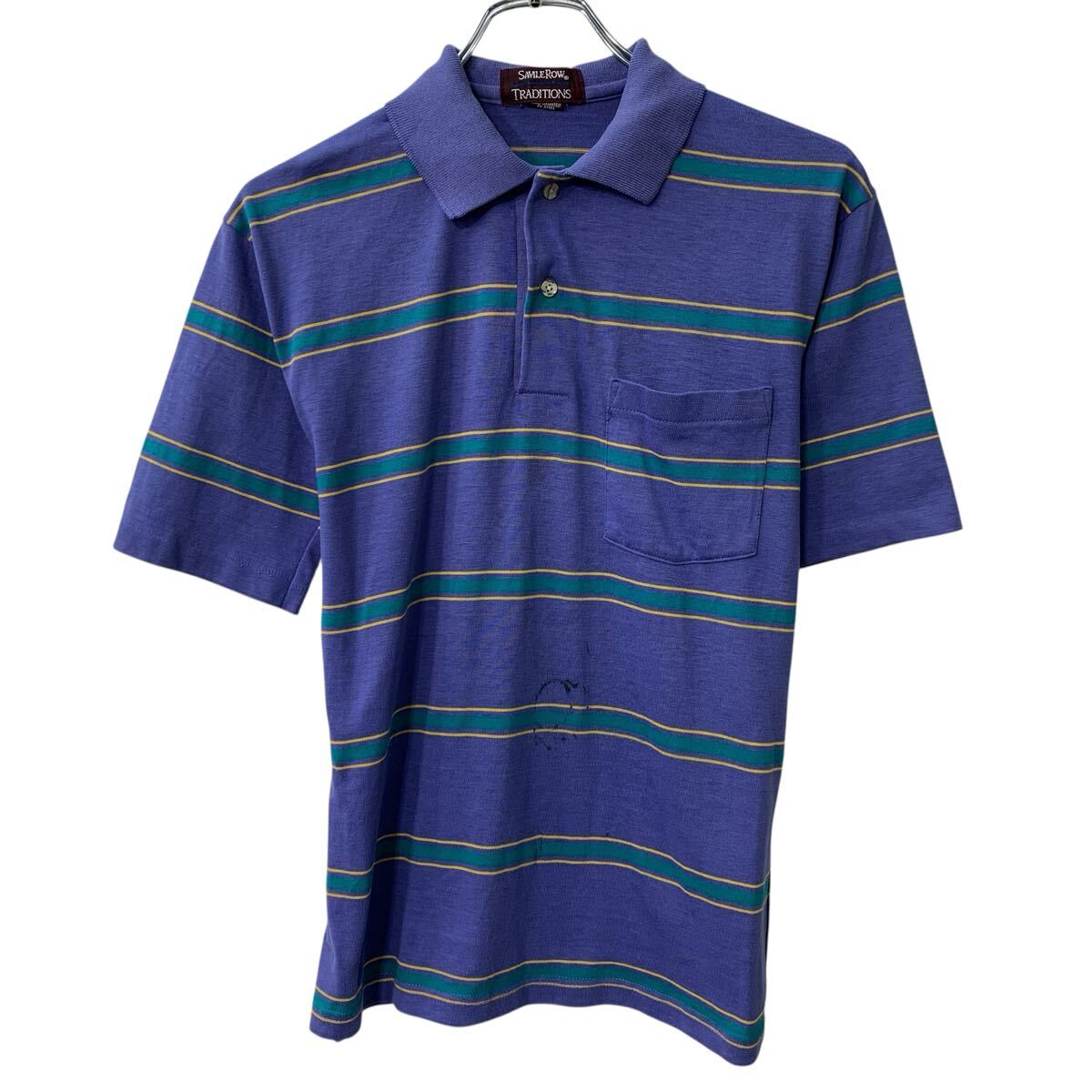 【中古】【古着】 80s USA製 SAVILEROW TRADITIONS 半袖 ポロシャツ S パープル ハーフボタン 80年代 ボーダー 半シャツ 夏物 a806-5375