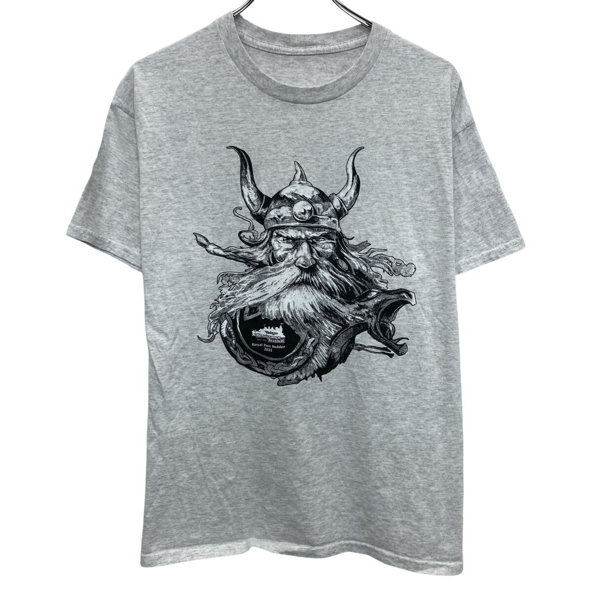  半袖 プリントTシャツ ライトグレー プルオーバー クルーネック ビックプリント Michigan Renaissance Festival カットソー 夏物 a806-5411