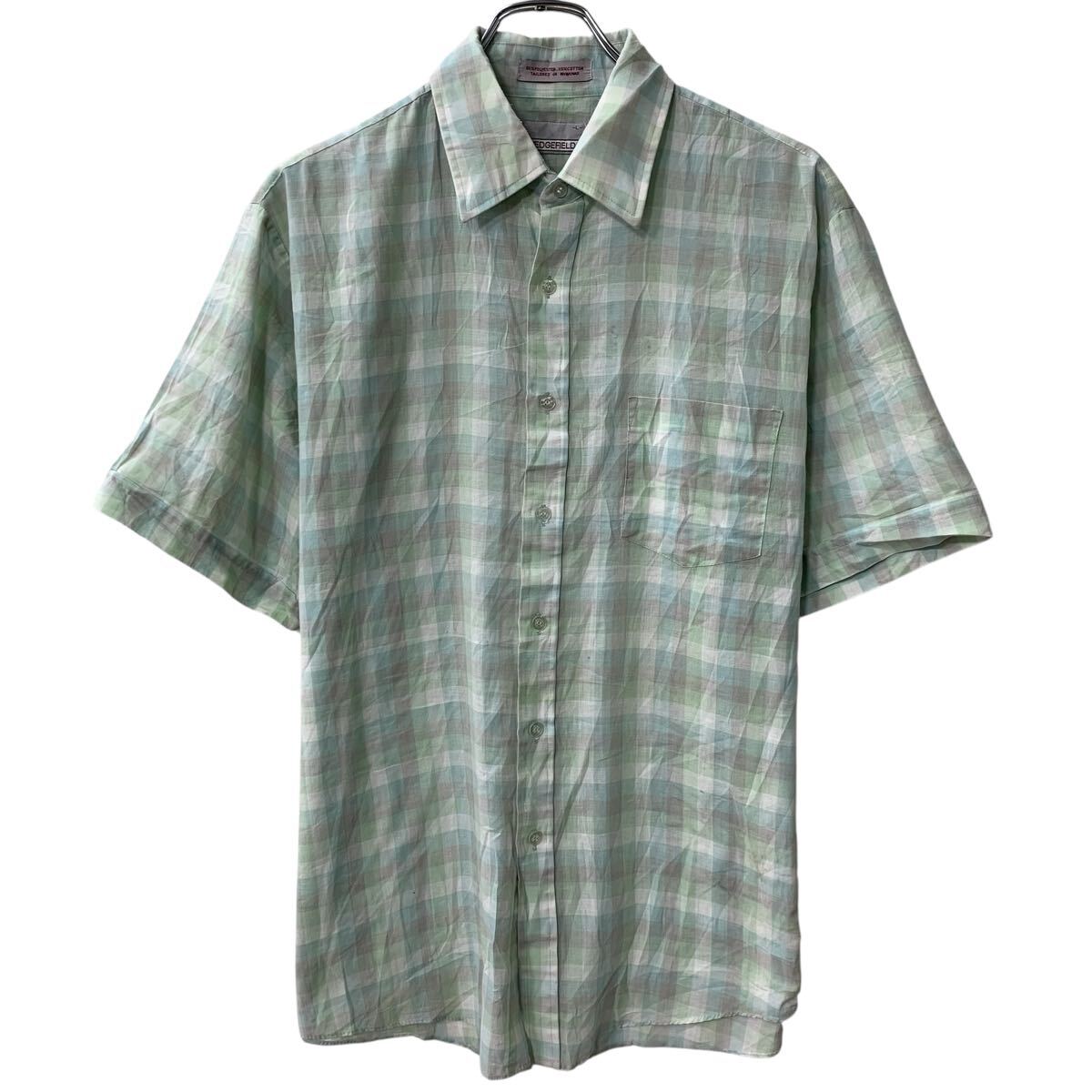  80s WEDGEFIELD 半袖 チェックシャツ L ライトグリーン マルチカラー ボタン 80年代 チェック柄 胸ポケット 半シャツ 夏物 a806-5806