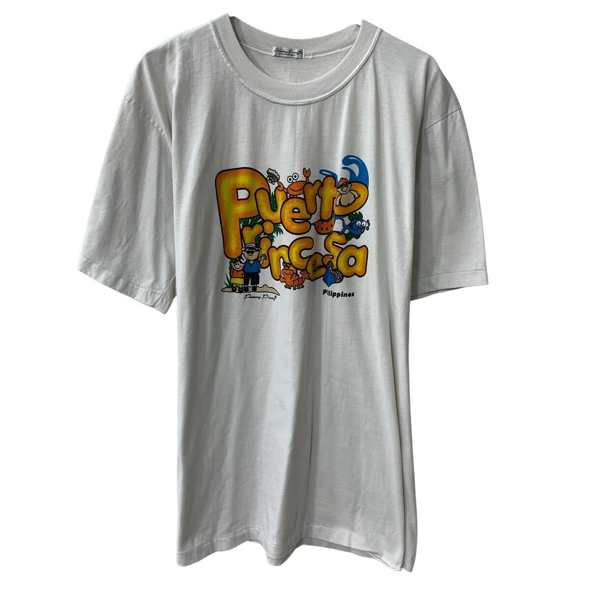 【中古】【古着】 90s Pusong Pinor 半袖 プリントTシャツ XL〜 ホワイト 90年代 ビッグプリント カットソー 夏物 a806-5813