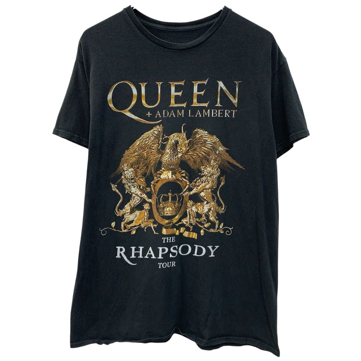 【中古】【古着】 Queen + Adam Lambert 半袖 バンドTシャツ L〜 ブラック クイーン＋アダムランバート プルオーバー 両面プリント バンT 夏物 a806-5915