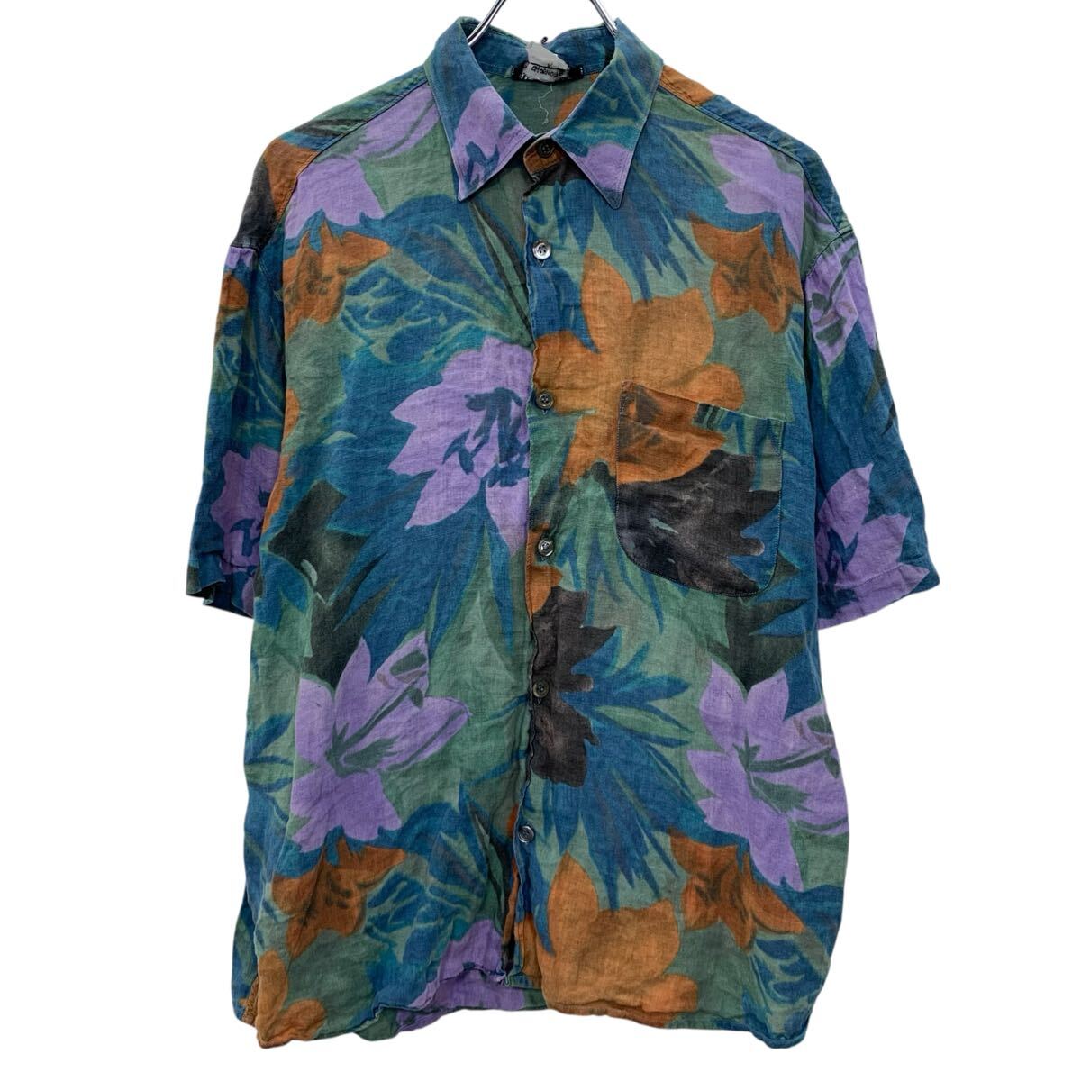  HOLT RENFREW 半袖 総柄シャツ グリーン マルチカラー ボタン 総柄 植物 胸ポケット 柄シャツ 花柄 夏物 a806-5924
