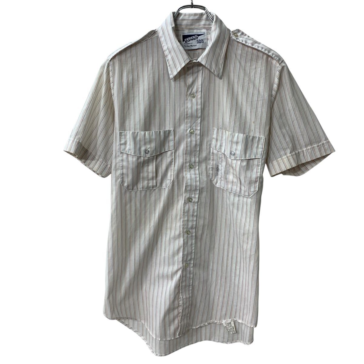  90s FEDERAL EXPRESS 半袖 ストライプシャツ L〜 ホワイト マルチカラー ボタン ストライプ柄 襟芯 90年代 半シャツ 夏物 a806-6035
