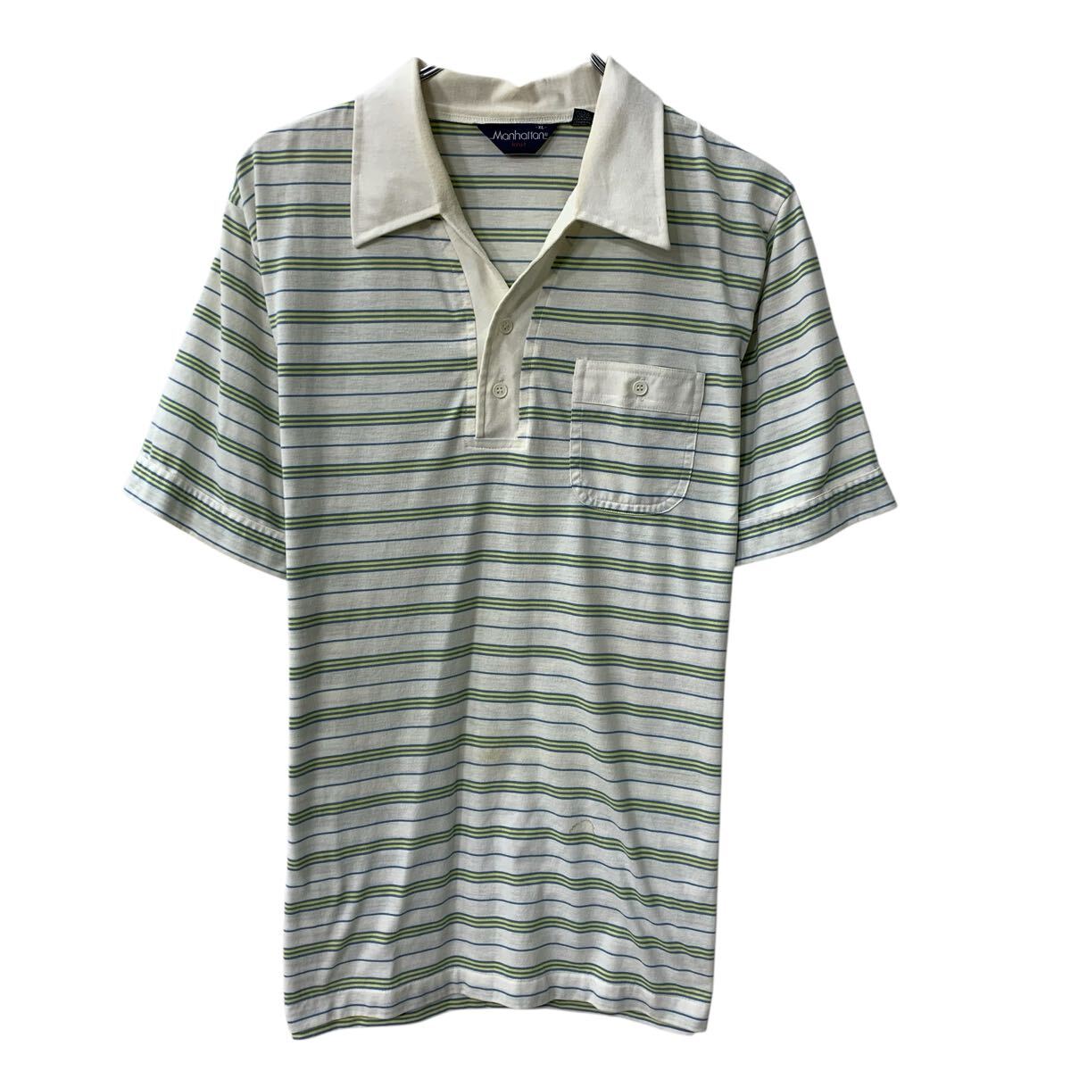 Rakuten - 【中古】【古着】 80s Manhattan 半袖 ポロシャツ XL アイボリー マルチカラー ハーフボタン 80年代 ボーダー 胸ポケット トップス 半シャツ 夏物 a806-6418