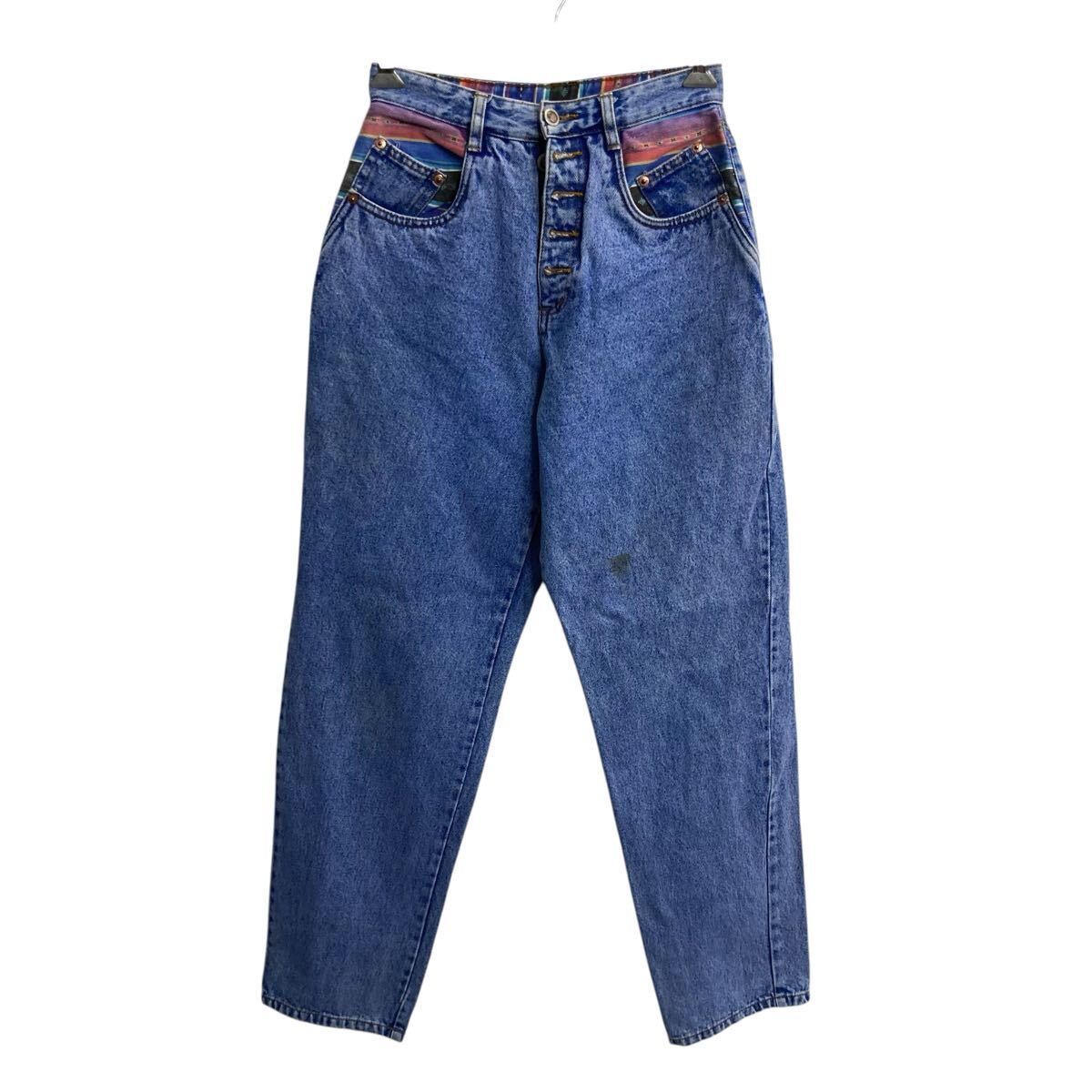【中古】【古着】 〜00s 香港製 RIO デニムパンツ 7 ブルー ボタンフライ 〜00年代 ネイティブ柄 切替 コインポケット テーパード デニム ジーンズ 2606-746