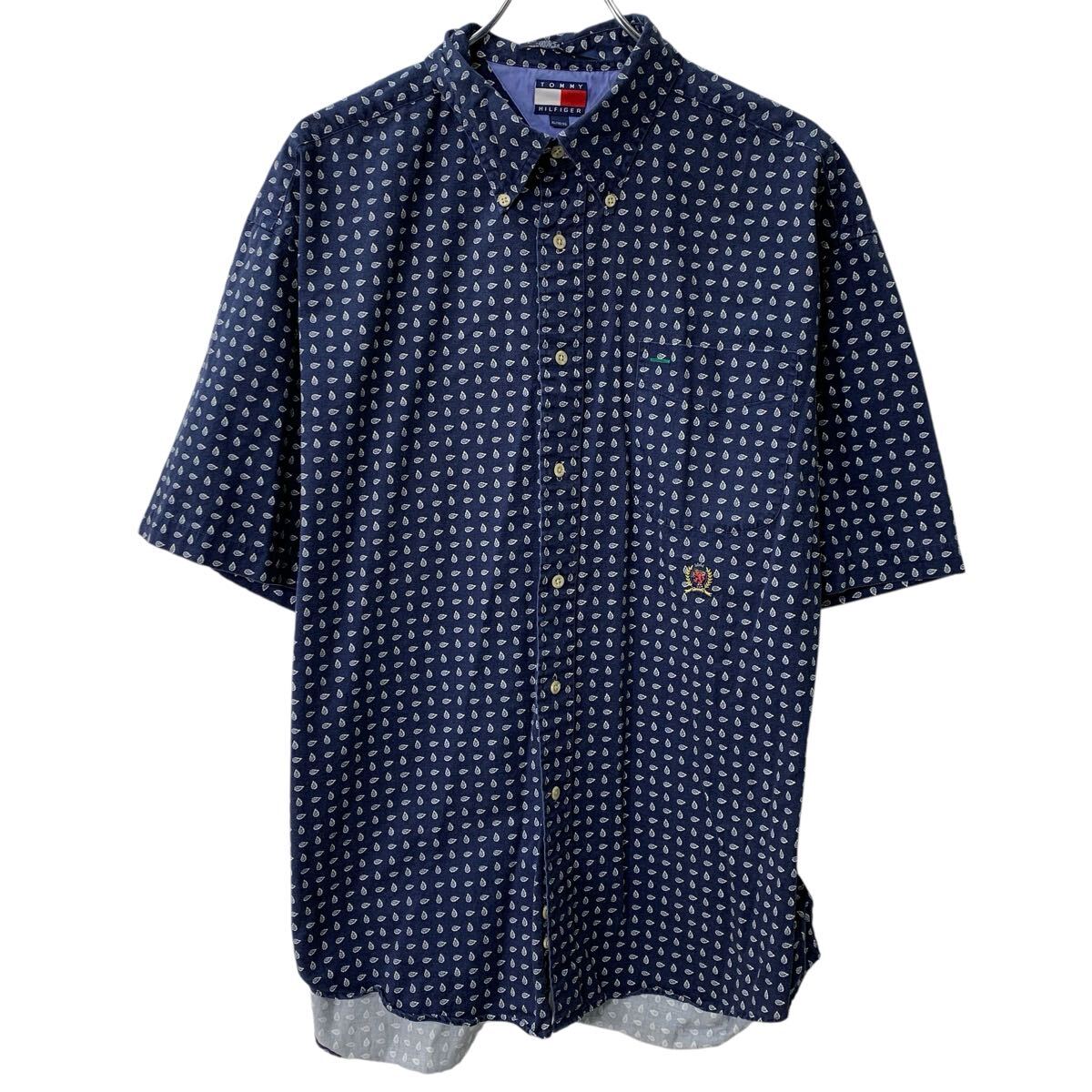 Rakuten - 【中古】【古着】 90s TOMMY HILFIGER 半袖 総柄シャツ XL ネイビー トミーヒルフィガー ボタンダウン 90年代 総柄 ロゴ刺繍 半シャツ 夏物 a806-6838