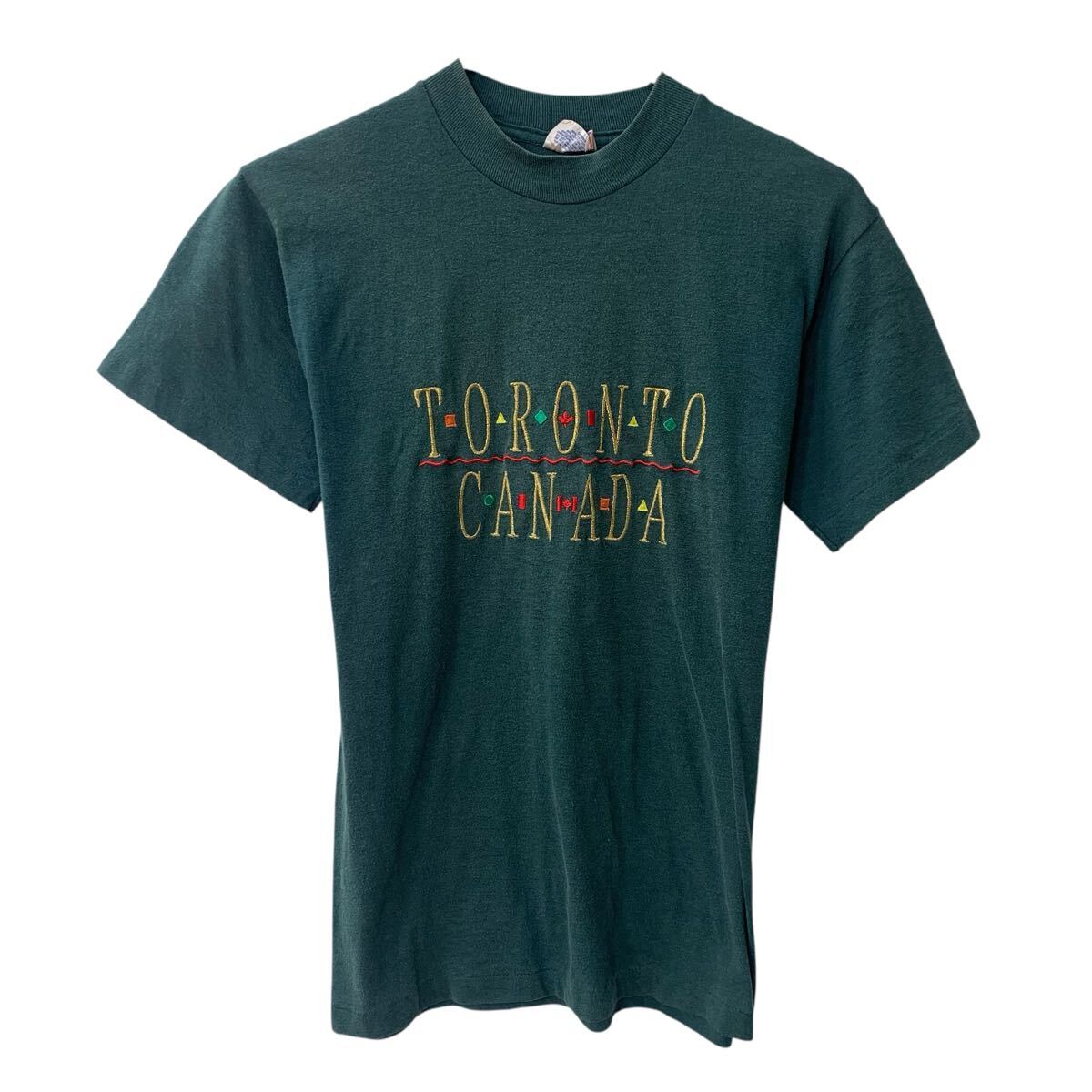  90s カナダ製 CITYSCAPE 半袖 プリントTシャツ S グリーン プルオーバー 刺繍 〜90年代 コットンポリ カットソー 夏物 a806-6859
