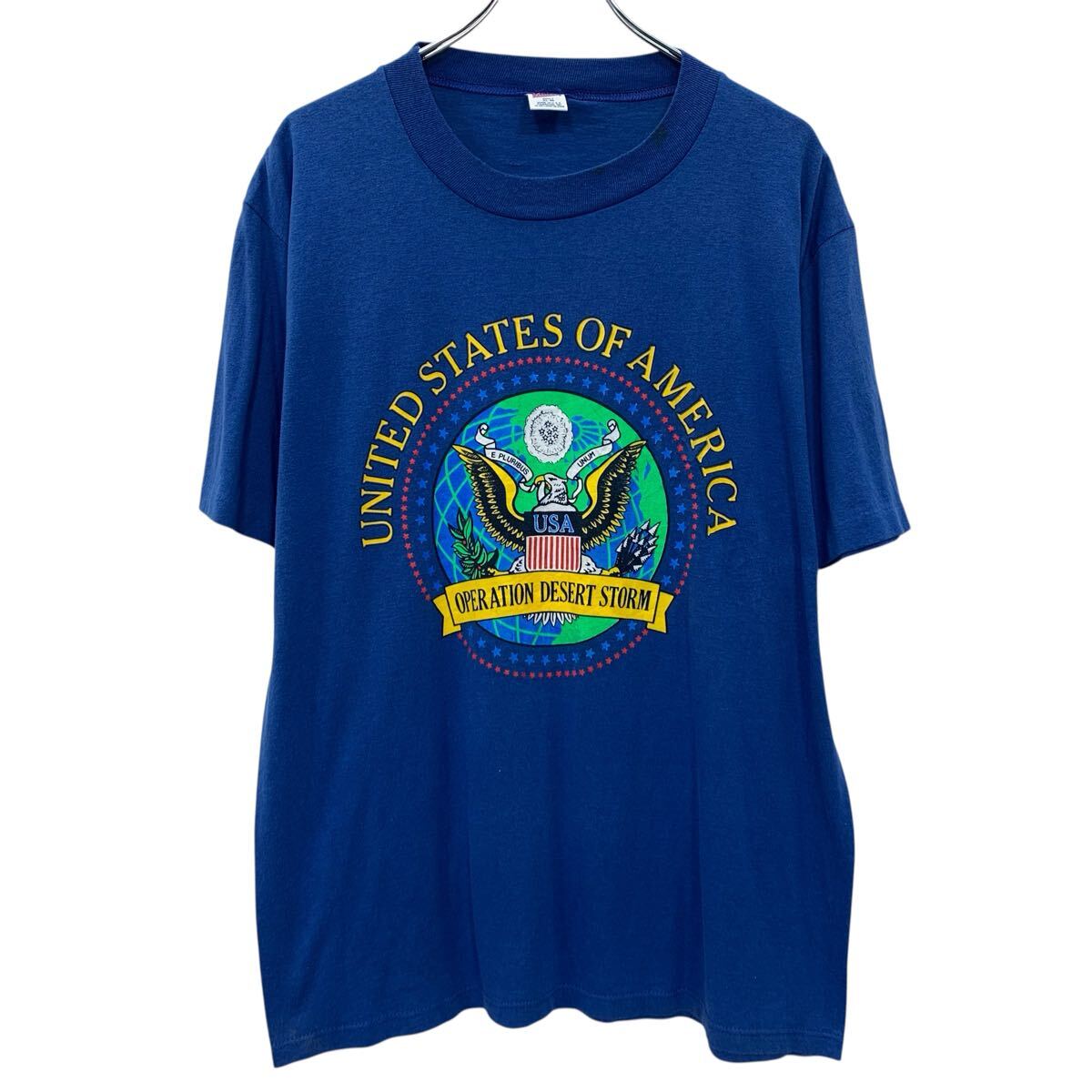  80s USA製 SOFFE SHIRTS 半袖 プリントTシャツ XL ブルー ソフィー プルオーバー ビッグプリント 80年代 カットソー 夏物 a806-6900