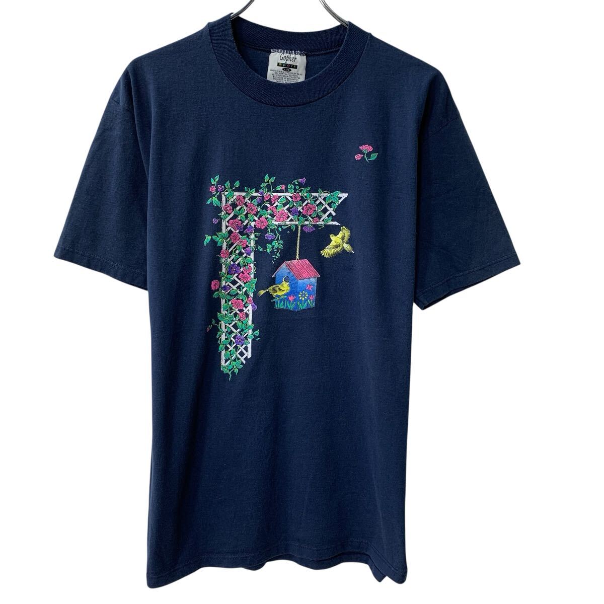  〜00s USA製 Gopher 半袖 プリントTシャツ L ネイビー 〜00年代 花柄 鳥 ビッグプリント コットンポリ カットソー 夏物 a806-6982