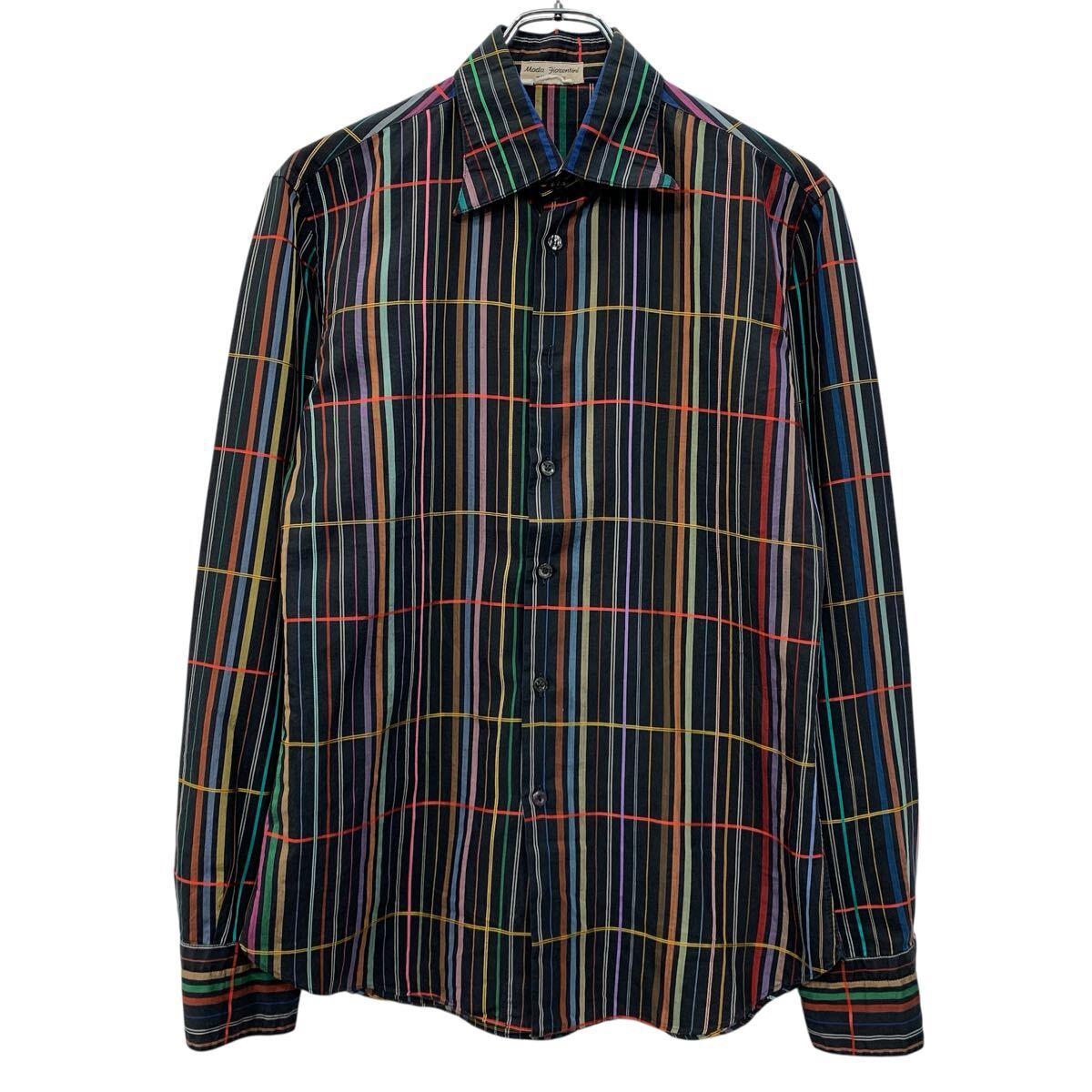 80s イタリア製 Moda Fiorentini 長袖 ストライプシャツ S ブラック マルチカラー モーダ・フィオレンティー ボタン 80年代 春物 a806-7150