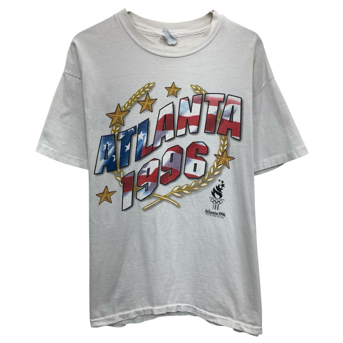  90s USA製 Hanes 半袖 プリントTシャツ XL ホワイト ヘインズ プルオーバー 90年代 Atlanta Olympic 星条旗 カットソー 夏物 a806-7329