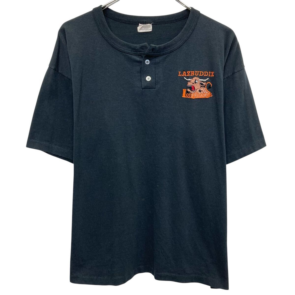  90s USA製 PARAMOUNT SPORTSWEAR ロゴTシャツ XL ブラック パラマウント・スポーツウェア ハーフボタン 90年代 カットソー 夏物 a806-7399
