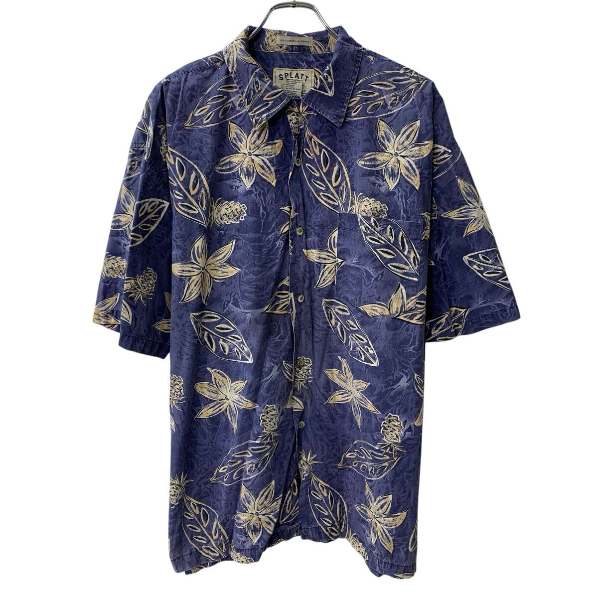  SPLATT 半袖 総柄シャツ XL ブルーパープル ボタン アロハ柄 花 総柄 コットン100 胸ポケット 半シャツ 夏物 a807-5798